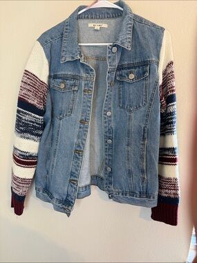 13. miami Denim Jacket with Knit Stripe Sleeves - Light Blue, White, Burgundy